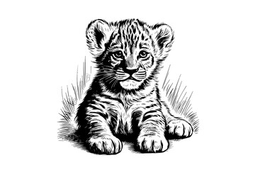 Fototapeta na wymiar Baby lion Hand drawn illustration for tattoo , logotype, emblem design. Engraving of wild kitten. Vintage sketch style image.