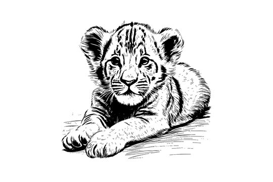 Baby lion Hand drawn illustration for tattoo , logotype, emblem design. Engraving of wild kitten. Vintage sketch style image.