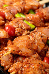 Chicken skewer. Close-up chicken skewers with raw sauce. Food background