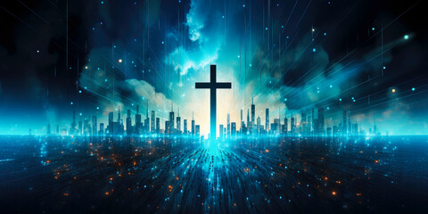 Colorful painting art of an abstract digital background with cross. Christian illustration.