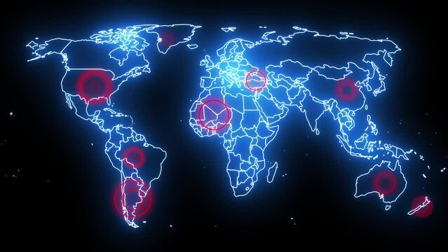 World map animation with global problems show in red warning circle radial pulse waves. Targets on the map for location of some issue. Modern digital background 4k footage with glowing neons