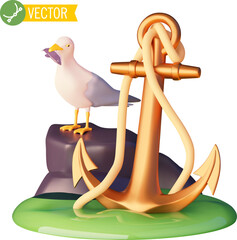 Vector sea trips and excursions icon. Yacht travel tour. Anchor with a rope in sea water, seagull holding fish