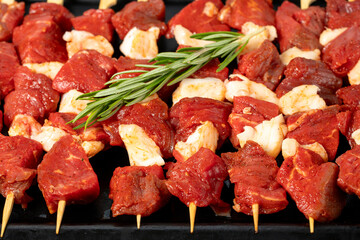 Beef skewer. Close-up raw beef skewers. Food background