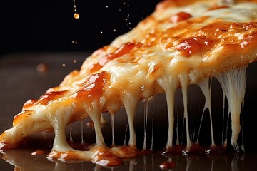 Close-up of a cheese pizza slice being lifted, showcasing the stretchy cheese. Generative AI
