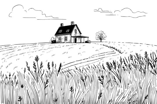 Rural landscape with a farm in engraving style. Hand drawn vector Illustration