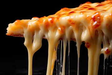 Close-up of a cheese pizza slice being lifted, showcasing the stretchy cheese. Generative AI