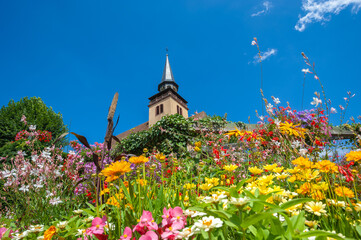 Turm der katholischen Dreifaltigkeitskirche in Lauterbourg. Im Vordergrund eine Anpflanzung bunter...