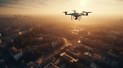 Drone in flight over the city. Generative AI