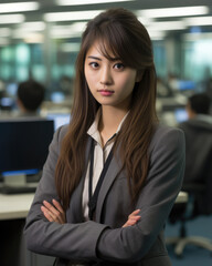 Vertical close up of a Japanese businesswoman with her workspace on the background. Generative AI