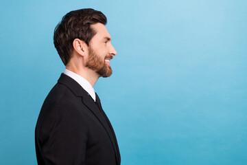 Side cadre of confident positive smile young businessman worker look well groomed empty space...