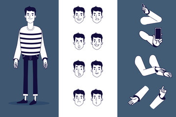 A character to animate your Motion Design. Vector set of a male character with gestures and emotions.