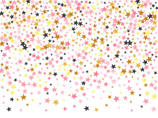 Glamour black pink gold stars magic scatter design. Many stardust spangles birthday decoration confetti. Celebration stars magic pattern. Sparkle particles greeting decor.