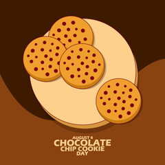 Fototapeta premium Some chocolate cookies with chocolate chip topping on wooden plate, with bold text on light brown background to celebrate National Chocolate Chip Cookie Day on August 4