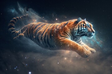 tiger floating in starry outer space, Generative AI