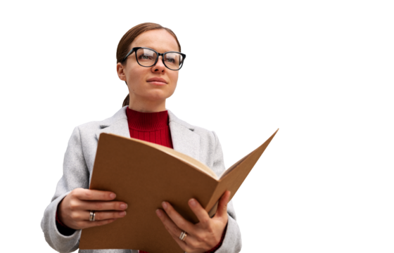 Confident businesswoman wearing eyeglasses holding file folder in hands isolated on white background, female occupation, successful women.