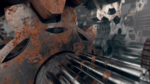 loop Old rust cogwheel Gears and bearings are spinning. Technological process, heavy industry. Factory Mechanisms