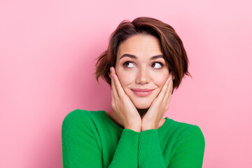 Closeup portrait of dreaming lovely girlfriend touch cheeks wish find cool boyfriend looking empty space dream isolated on pink background