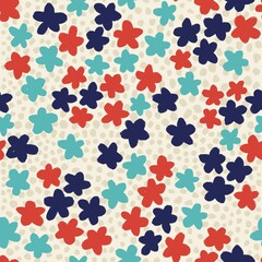 Hand drawn seamless pattern with dark blue navy orange red shabby chic flower floral elements lines dots leaves, ditsy summer spring botanical nature print, bloom blossom stylized petals.