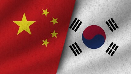 South Korea and China Realistic Two Flags Together, 3D Illustration
