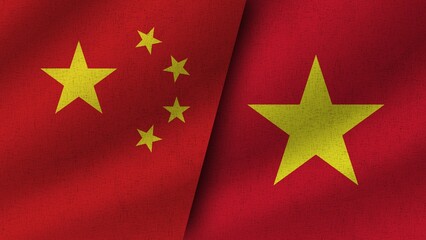 Vietnam and China Realistic Two Flags Together, 3D Illustration