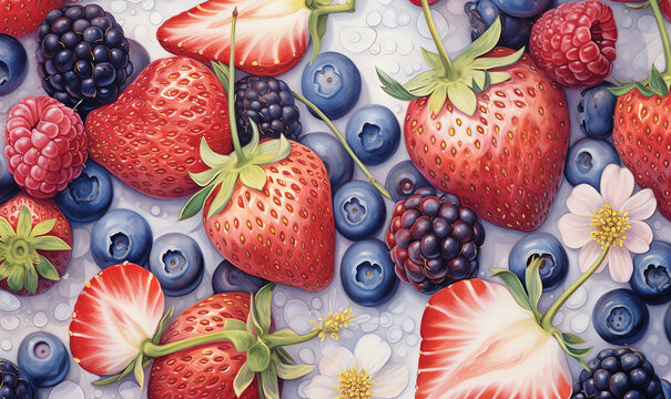  a painting of strawberries, blueberries, and raspberries.  generative ai