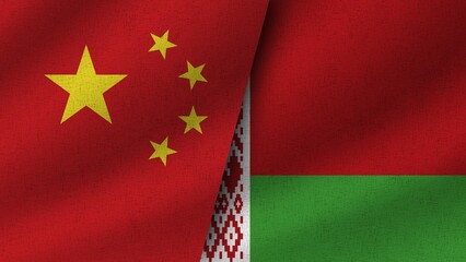Belarus and China Realistic Two Flags Together, 3D Illustration