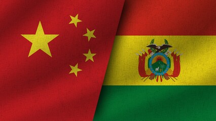 Bolivia and China Realistic Two Flags Together, 3D Illustration
