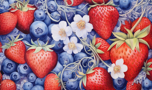  a painting of strawberries, blueberries, and flowers.  generative ai