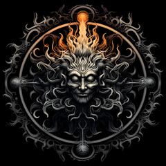 Wheel of Law Buddhism tshirt tattoo design dark art illustration isolated on black
