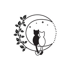 Illustration of hand-drawn cat and moon contour graphics