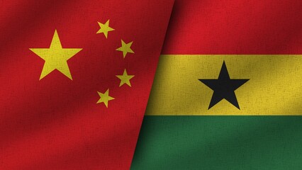 Ghana and China Realistic Two Flags Together, 3D Illustration