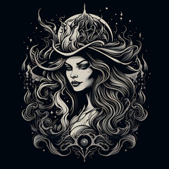 Witch tshirt tattoo design dark art illustration isolated on black