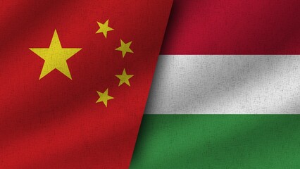 Hungary and China Realistic Two Flags Together, 3D Illustration