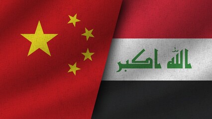 Iraq and China Realistic Two Flags Together, 3D Illustration