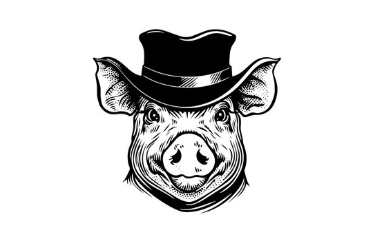 Cute pig or pork in hat head engraving logotype style vector illustration.