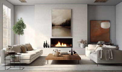 Fototapeta na wymiar a modern living room with a fireplace and a large window. generative ai