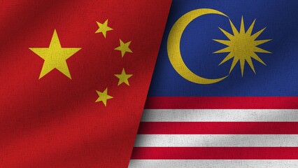 Malaysia and China Realistic Two Flags Together, 3D Illustration