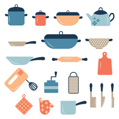 Pans pots and saucepans. Kitchen pan objects, cartoon kitchenware tools collection for cooking.