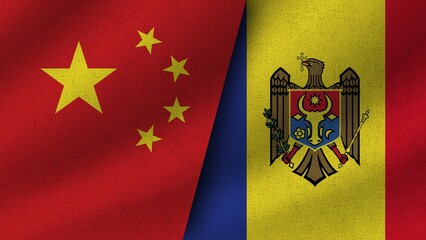 Moldova and China Realistic Two Flags Together, 3D Illustration