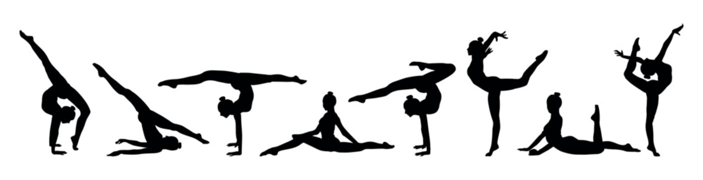 silhouettes of gymnastic poses black silhouette of asport women gymnastics girl silhouette Gymnast girl silhouette isolated	
