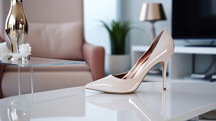 Shiny elegant heels sitting on desk in well-lit office room