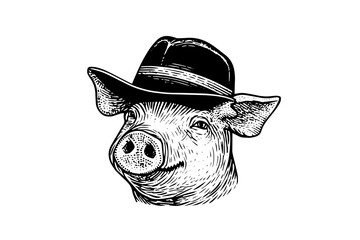 Cute pig or pork in hat head engraving logotype style vector illustration.