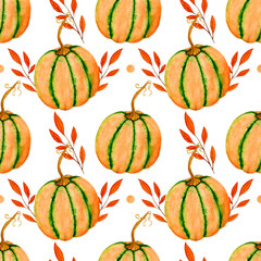 Watercolor pattern, pumpkins with leaves on a white background. Pattern for various decor, wrapping, Thanksgiving etc.