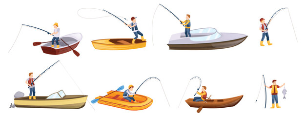 Cartoon fisherman characters. People fishing from boat, cast fishing rod and catching fish vector illustration set