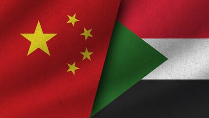 Sudan and China Realistic Two Flags Together, 3D Illustration