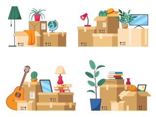 Moving home boxes pile. House stuff packed in cardboard boxes with fragile sign for apartment moving cartoon vector illustration set