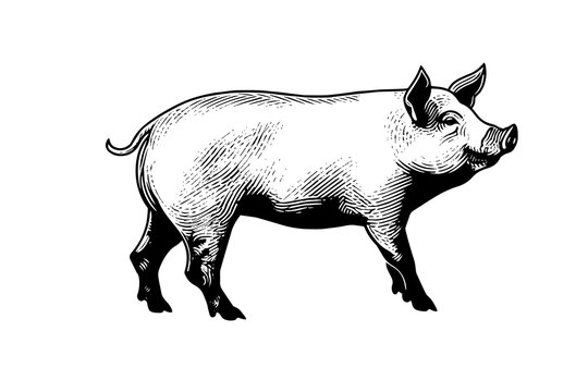 Vector illustration of pig in engraving style, hand drawing sketch.