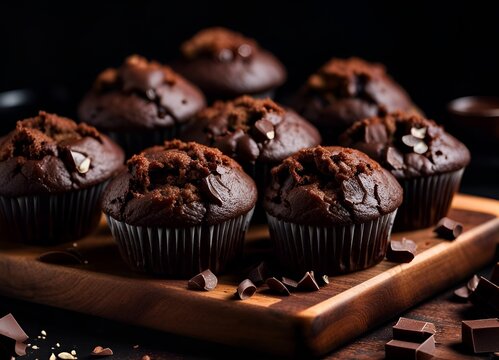 close up of chocolate muffins on a wooden board surrounded by pieces of chocolate