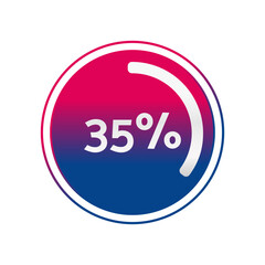 35 percent circle chart, isolated symbol. Vector red blue gradient element. Percentage Infographic sign. Illustration, icon for business, finance, progress, report, web design, download