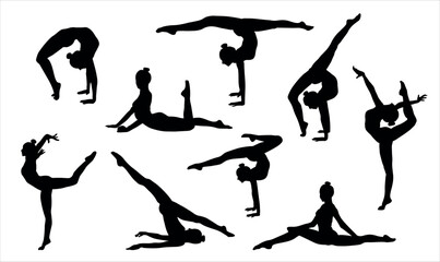 silhouettes of gymnastic poses black silhouette of asport women gymnastics girl silhouette Gymnast girl silhouette isolated	
